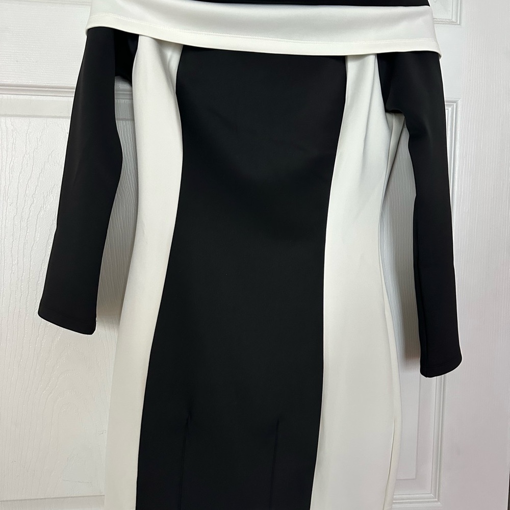 Off-Shoulder Black and White Sheath Dress
